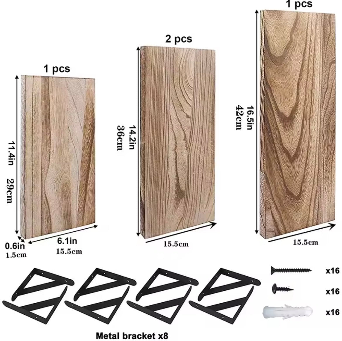Wooden floating wall shelf size guide showing 29 36 and 42 centimetre options