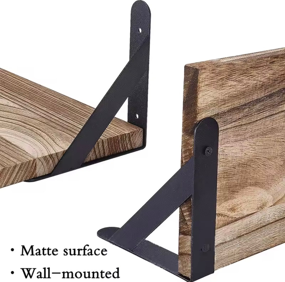 Close up of black metal bracket on wooden wall shelf