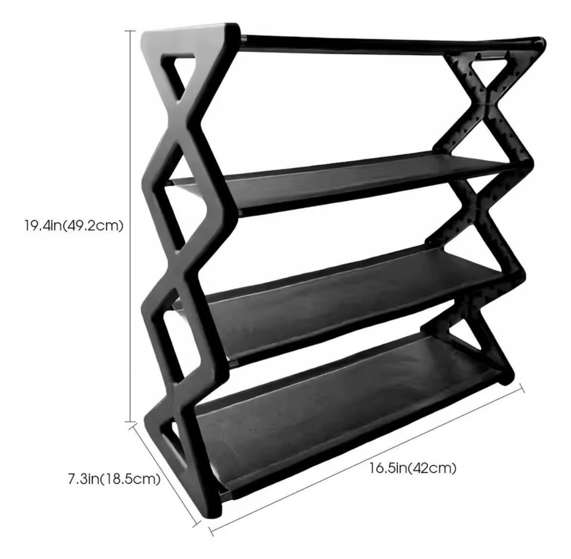 Black 4 tier X type shoe storage rack dimensions 42 by 18.5 by 49.2 centimetres