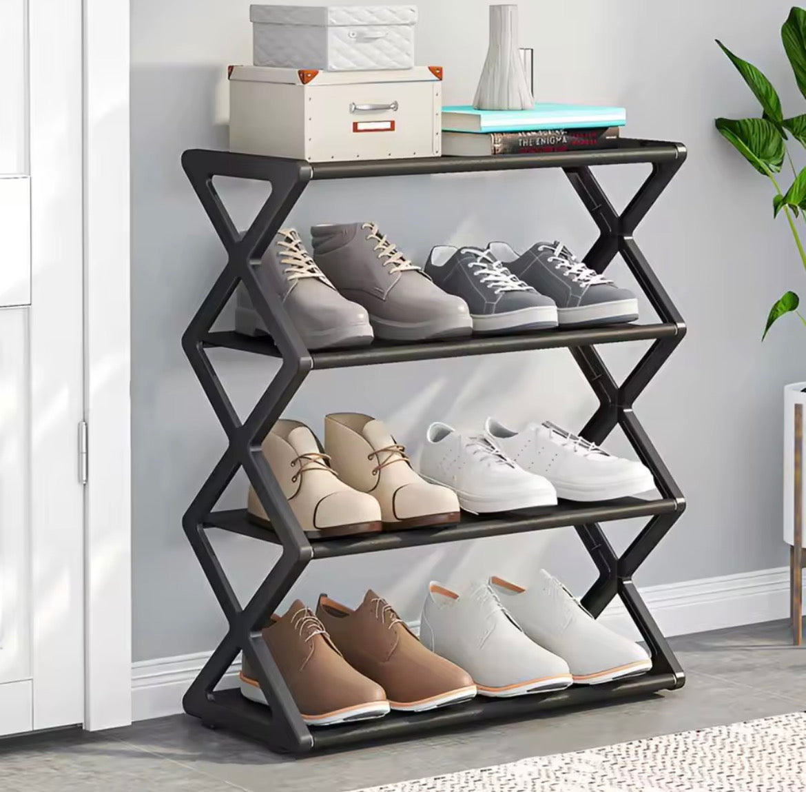 Black 4 tier shoe rack for entryway hallway or bedroom