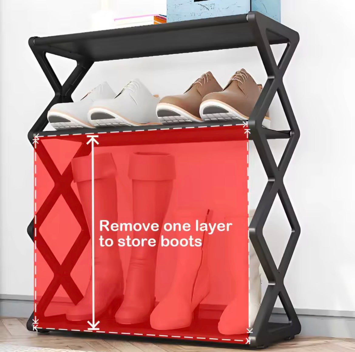 X type shoe rack with removable layer for taller boots