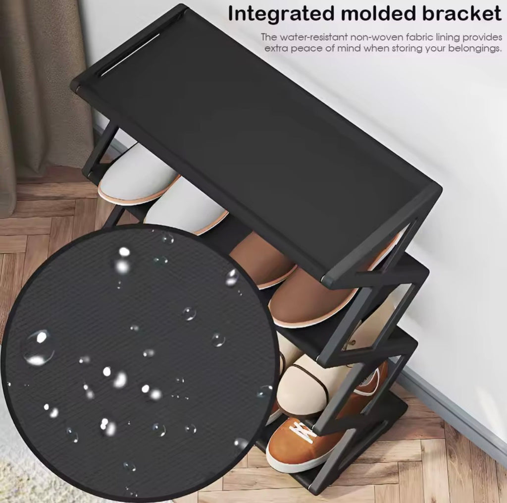 Black X type shoe rack with water resistant shelf lining