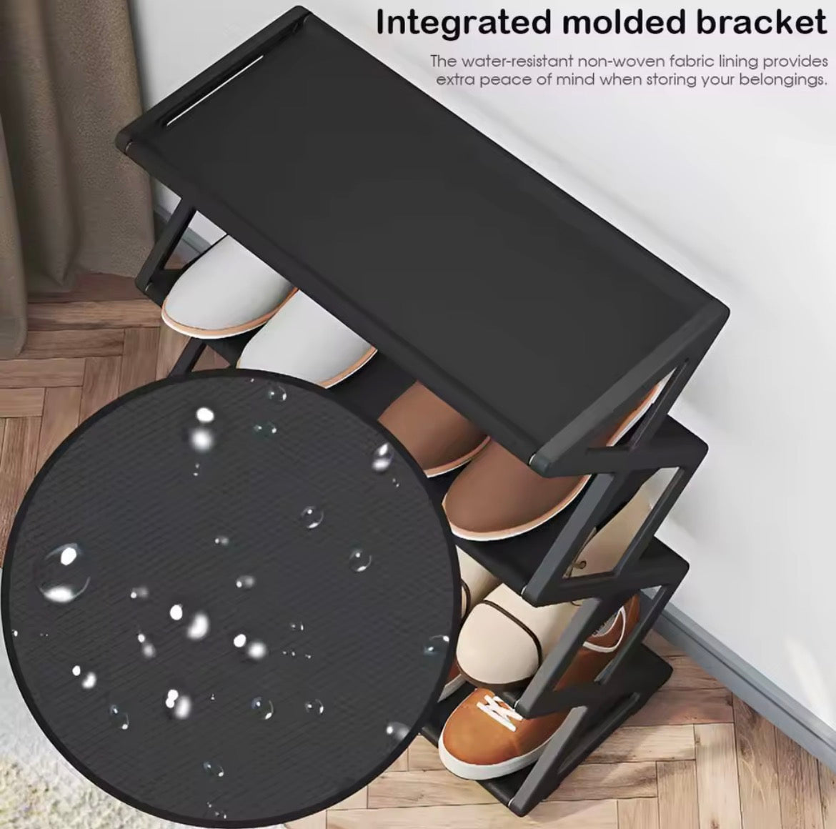 Black X type shoe rack with water resistant shelf lining